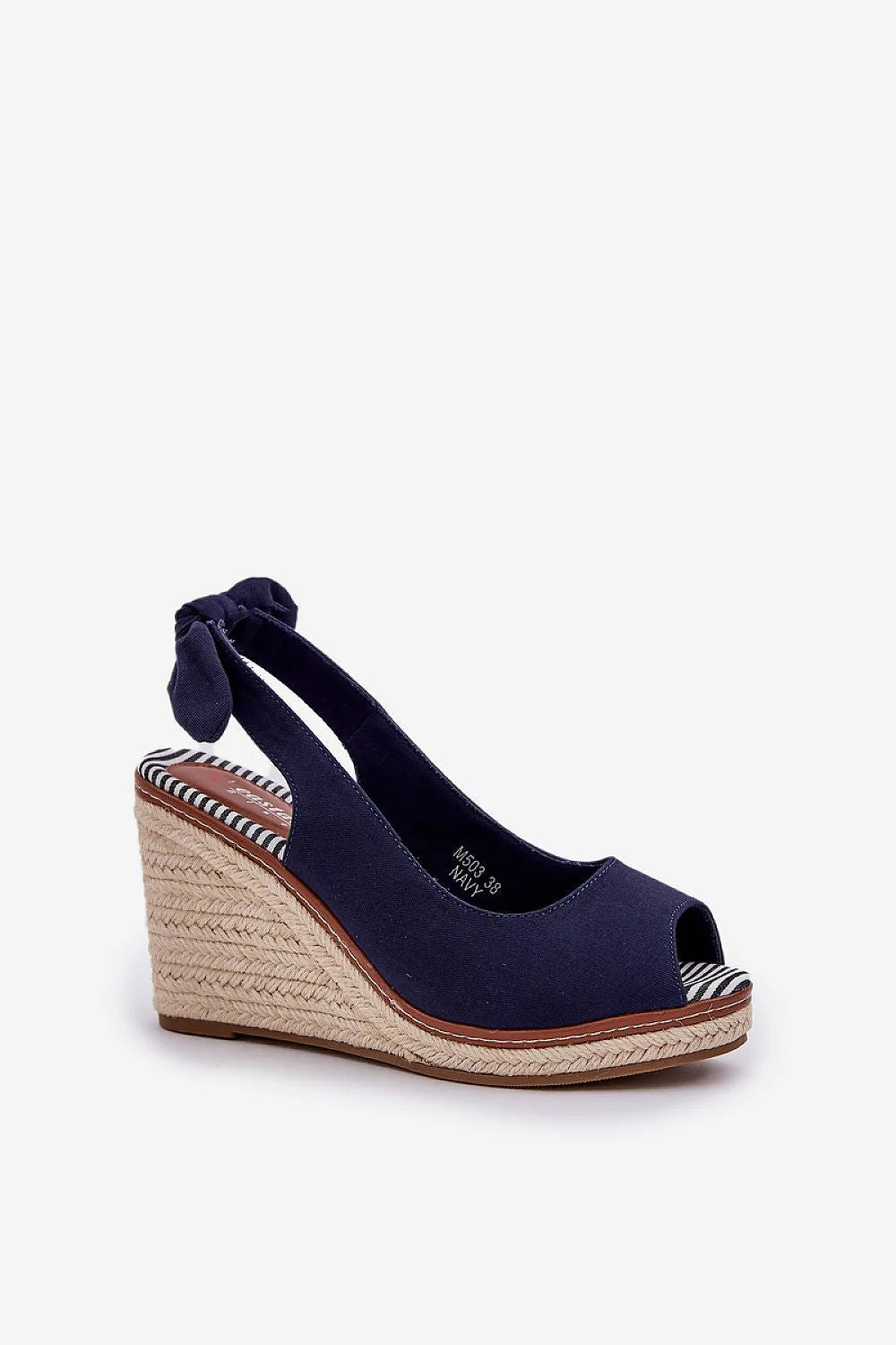 Sandales compensées style estival pour femme en toile bleu marine, design ouvert, confort maximal, look élégant et décontracté