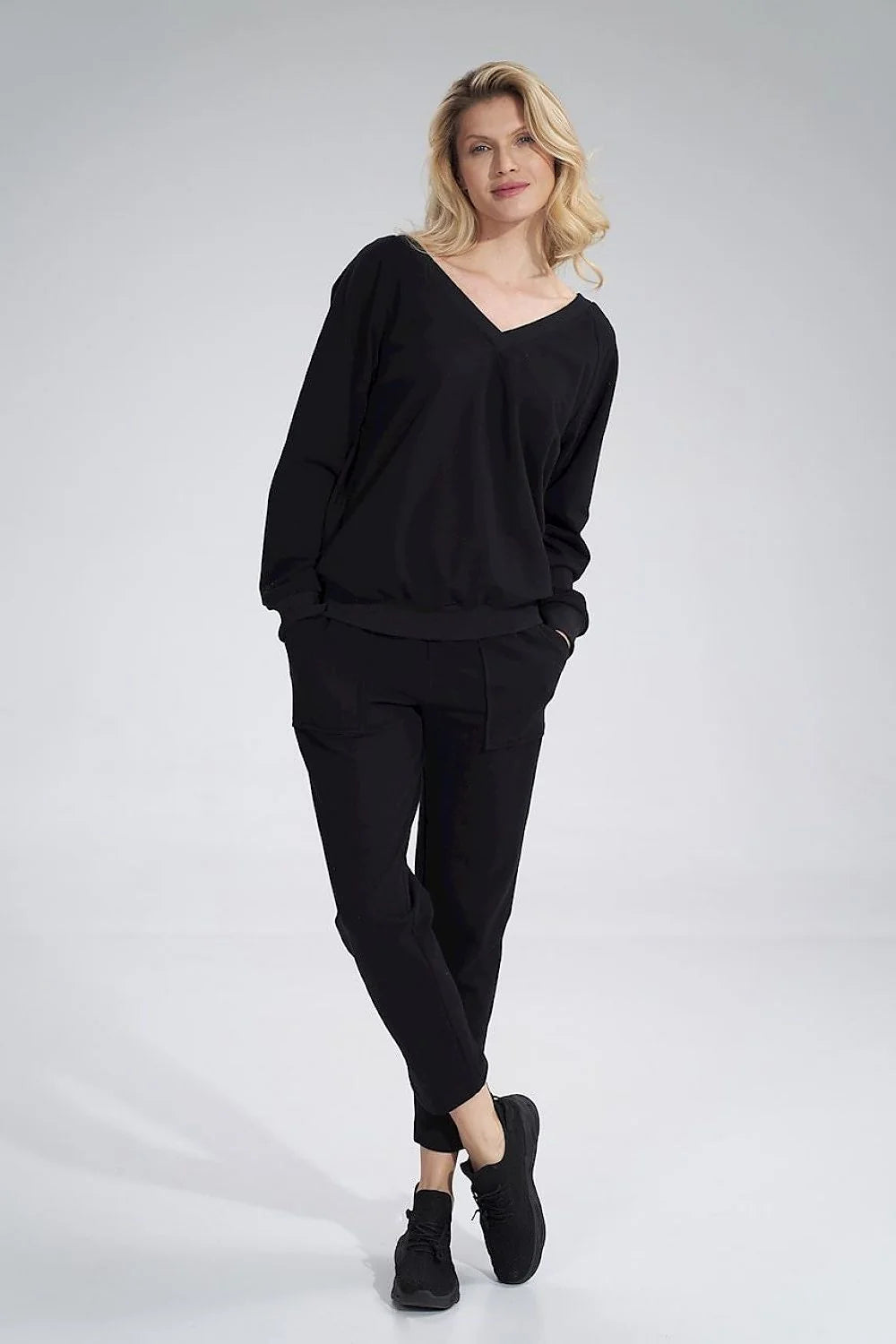 Sweatshirt femme en coton V-neck manches longues noir dos ruban décoratif confortable