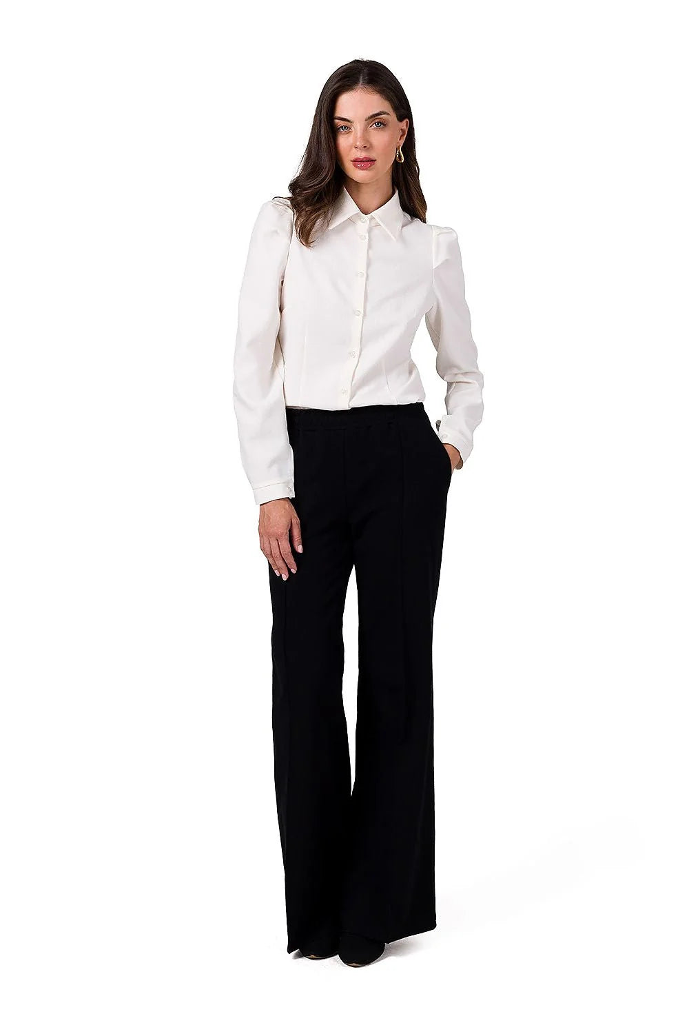 Pantalon femme Be Wear maille coton élasthanne coupe évasée taille haute ceinture élastique jambes larges ourlet angle poches latérales