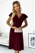 Robe de soirée élégante moderne en V manches courtes ceinture intégrée couleur bordeaux profond polyester elasthanne taille ajustable femme