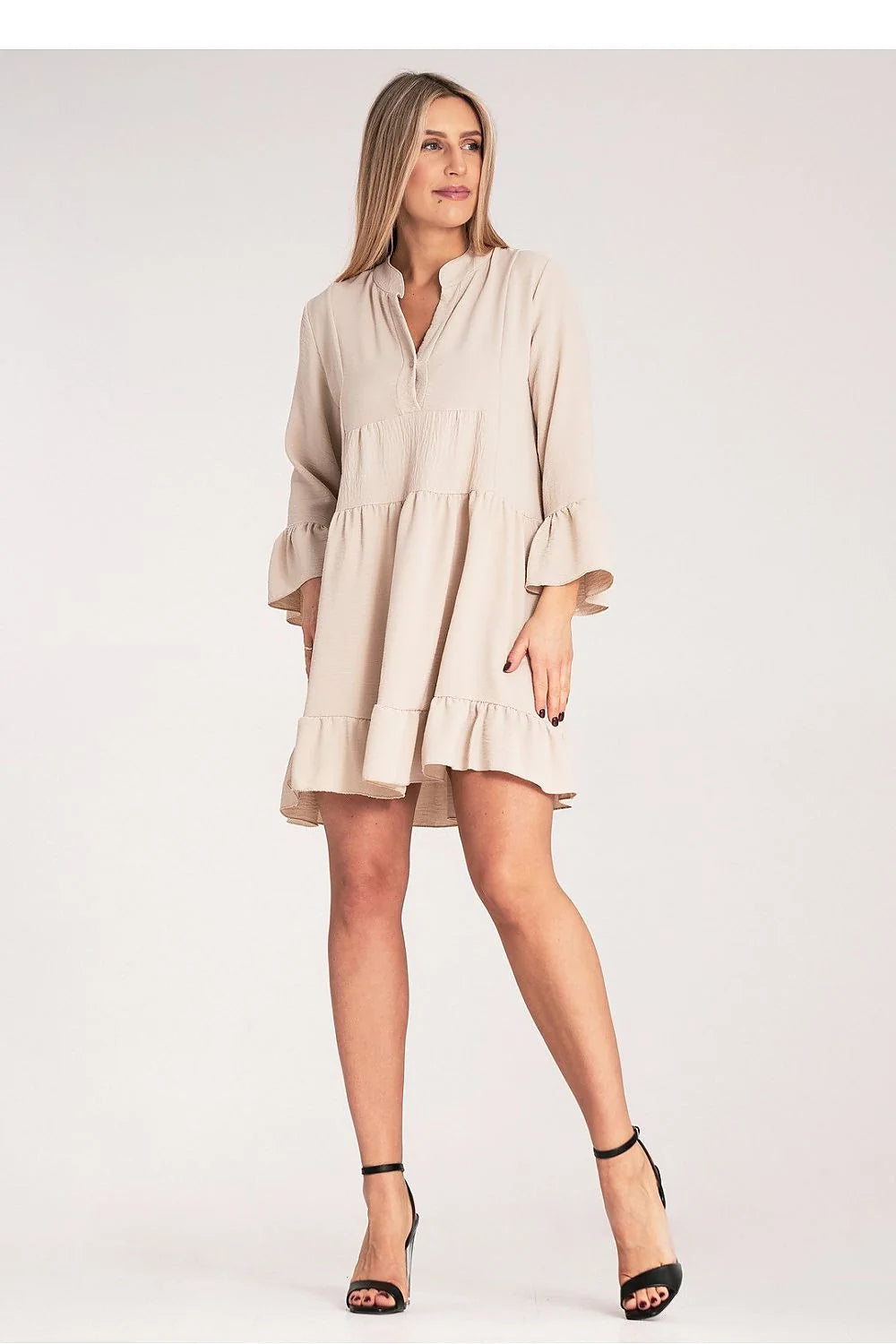 Robe de jour Figl ample volants couleur beige style casual-chic manches longues élasthanne polyester femme