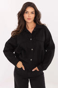 surchemise noire oversize boxy col classique fermeture boutons contrastés tissu structuré manches longues poches poitrine rabats bande élastique coton élasthanne
