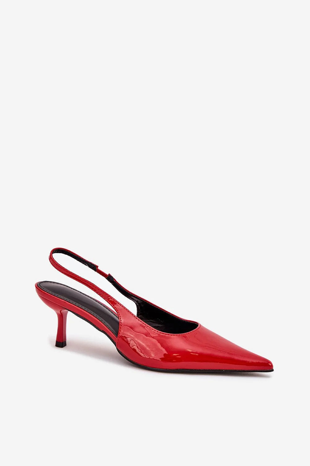 escarpins vernis rouge brillant slingback femme bout pointu talon kitten bas bride fine réglable matière miroir semelle noire soirée