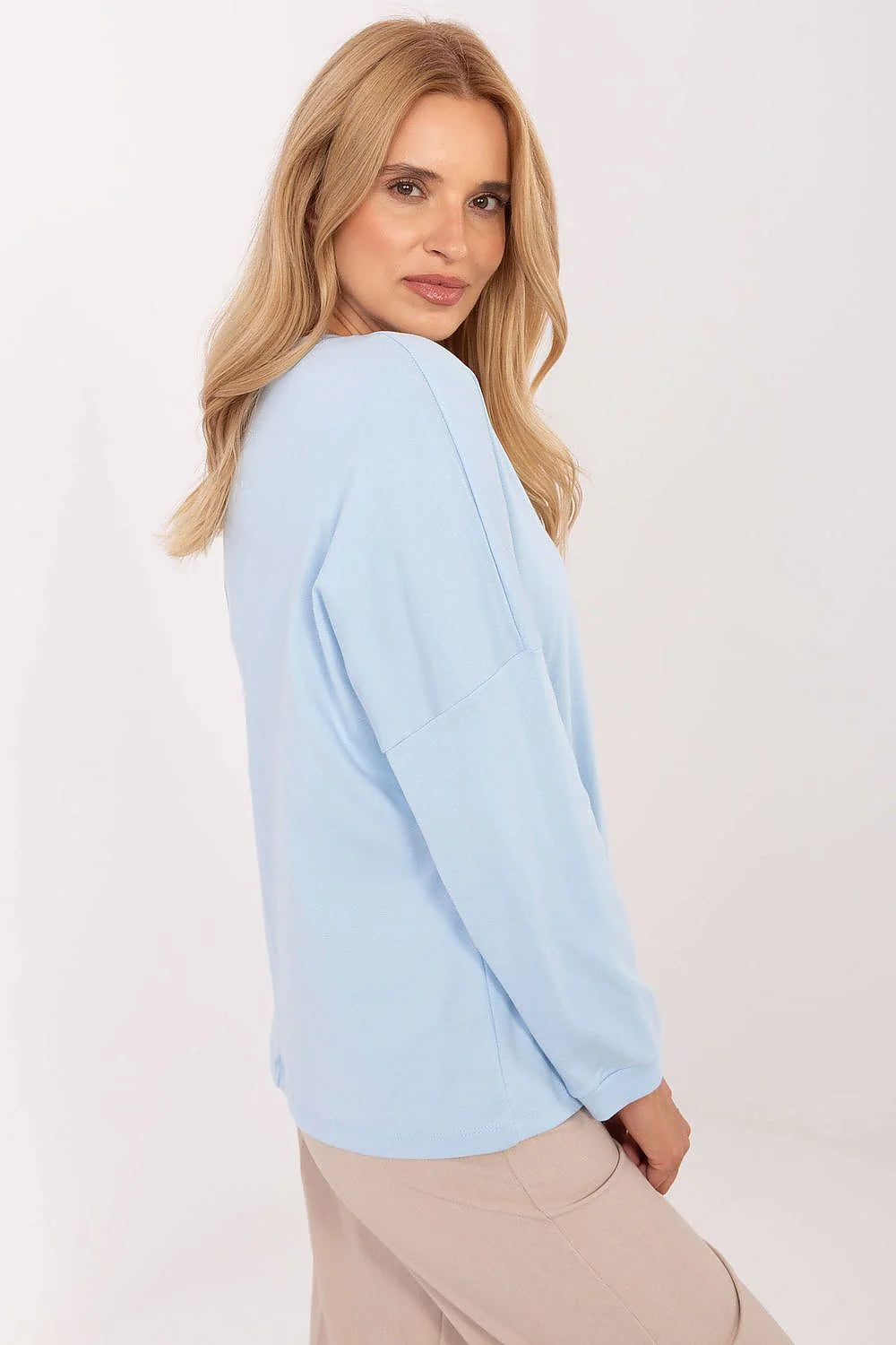 sweatshirt femme manches longues col rond bleu pastel coupe ample épaules tombantes jersey doux coton élasthanne confortable