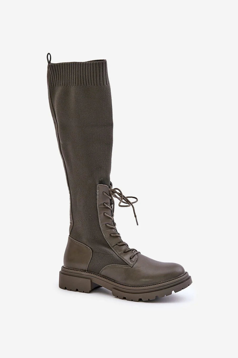 bottes cuissardes femme kaki cuir écologique textile maille élastique lacets bout rond doublure peluche semelle crantée antidérapante