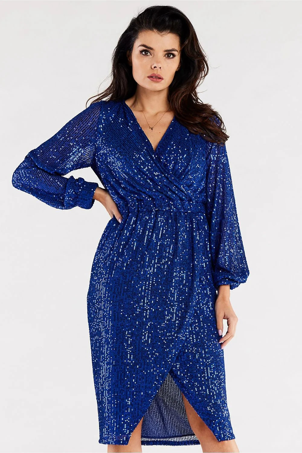 robe soirée longue manches longues décolleté V croisé sequins rouge portefeuille taille ajustable paillettes fente frontale bouffantes doublure élasthanne polyester