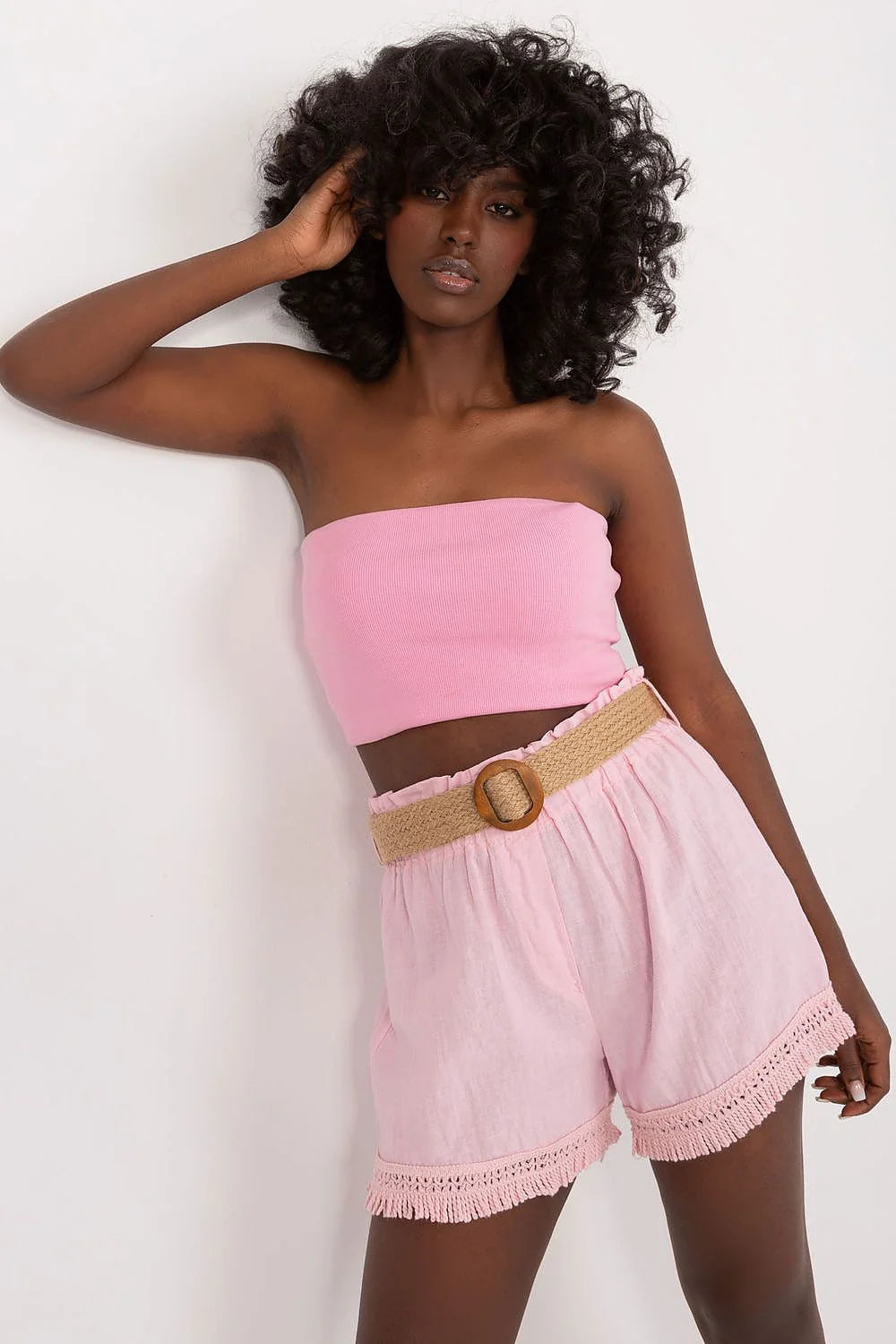 Tenue deux pièces tube top et short en lin doux rose poudré haute taille élastique ceinture tissée brune style féminin été décontracté chic