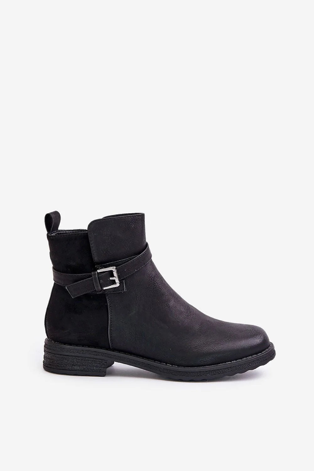 Bottines femmes design moderne élégant cuir artificiel noire boucle métallique zip latéral semelle caoutchouc coupe cheville confortable isolation intempéries