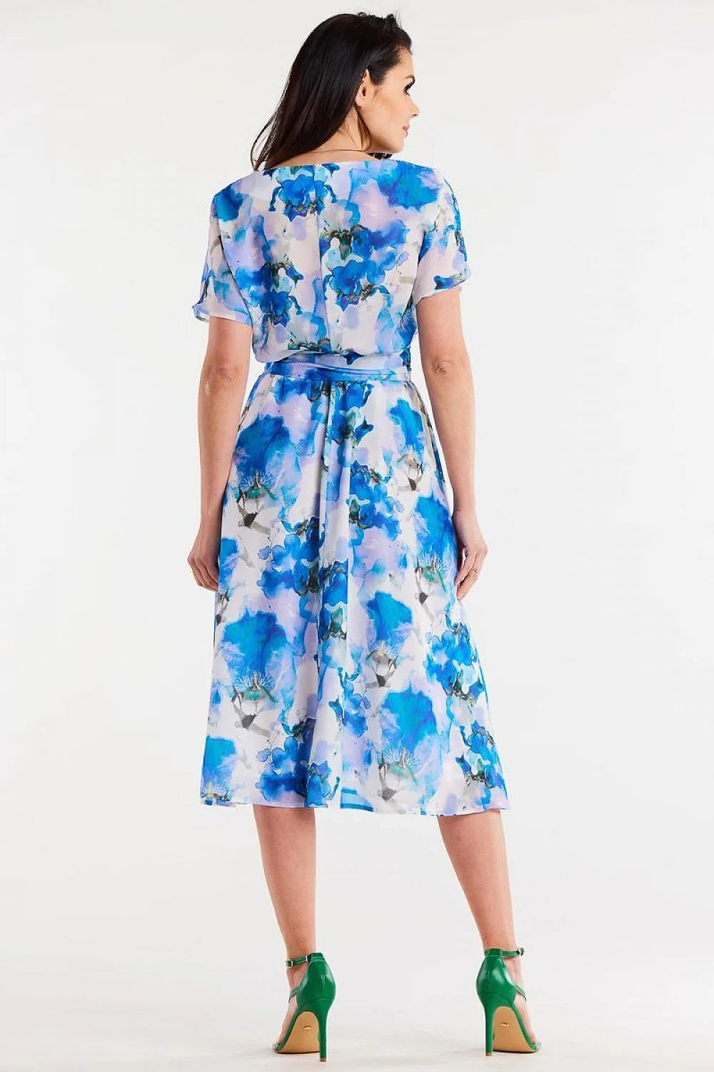Robe de jour awama en mousseline polyester imprimé floral abstrait manches courtes col rond ajustable taille ceinture femme