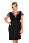 Chemise de nuit élégante pour femme en dentelle noire manches courtes décolleté en V coupe empire taille ajustable