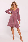 Robe élégante en velours rose poudré pour femme, manches longues, décolleté en V, coupe empire, occasion semi-formelle