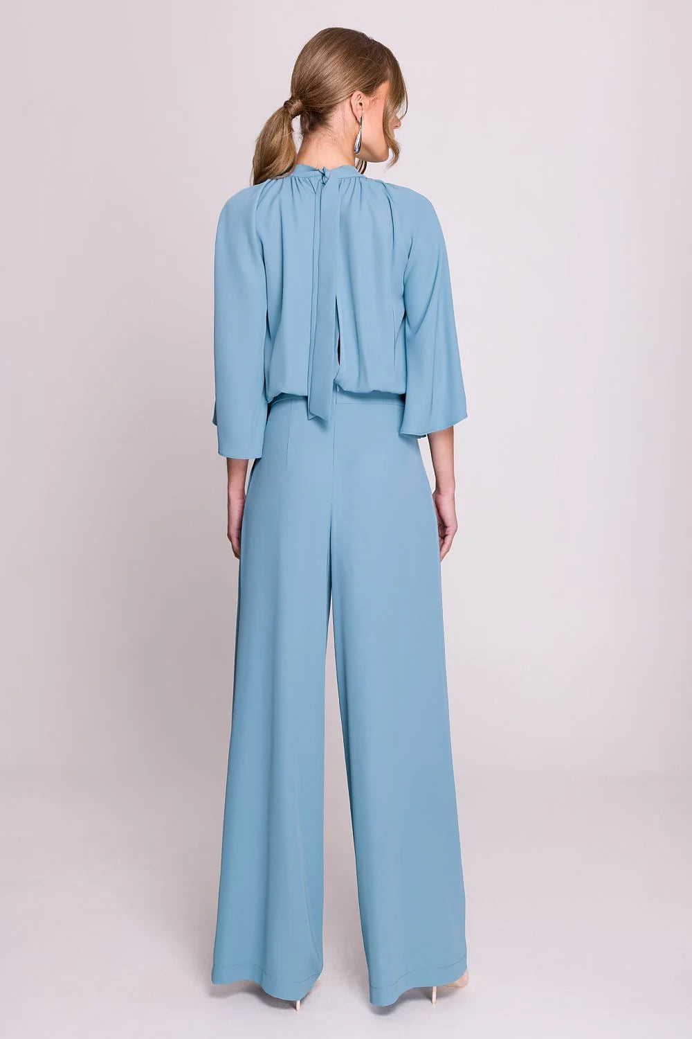 Combinaison Stylove élégante chic moderne semi-formelle crêpe polyester bleu ciel encolure ronde manches kimono taille haute jambes larges femmes