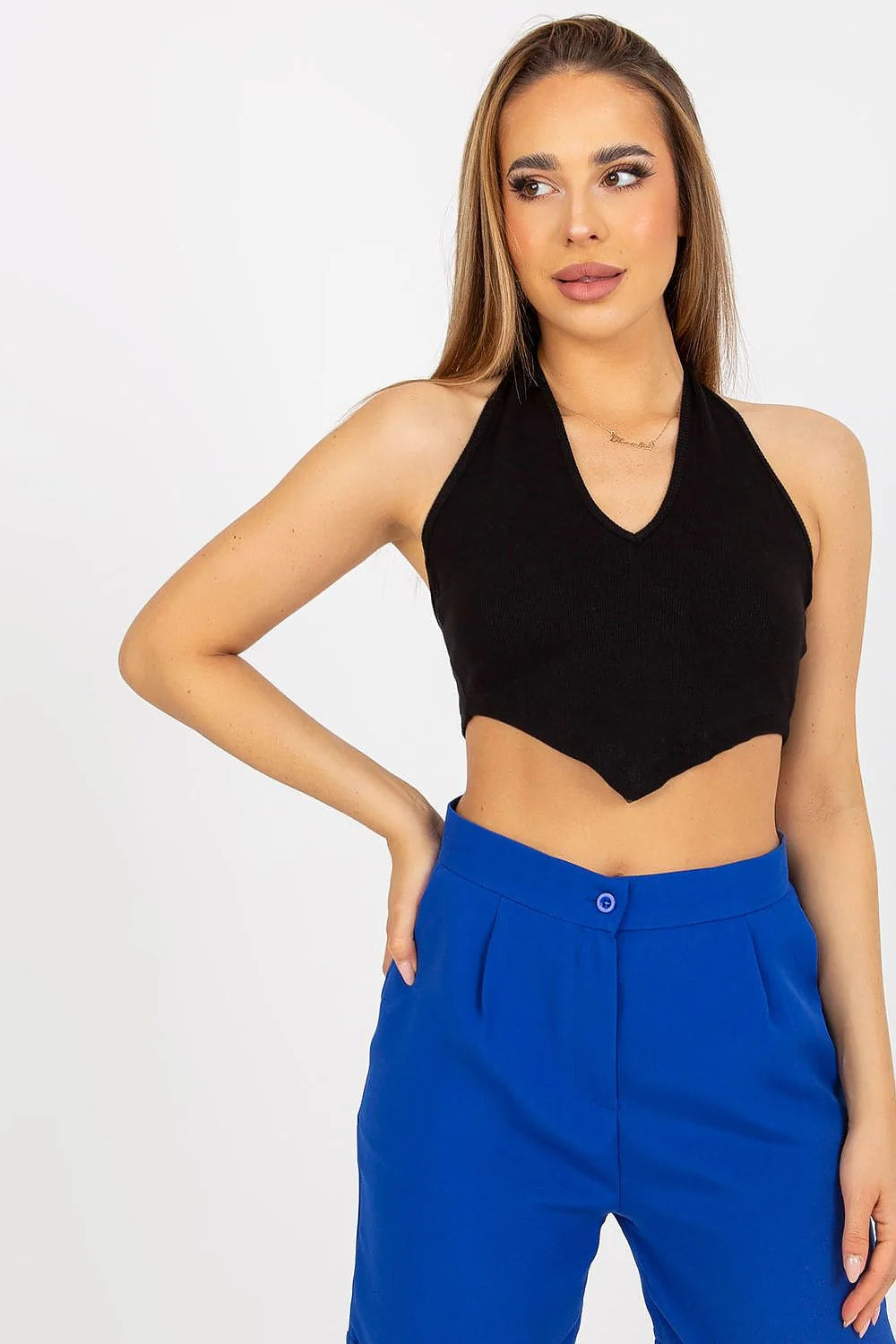 Ensemble femme haut cropped dos nu pantalon ample couleur contrastée tissu coton élasthanne été élégance moderne