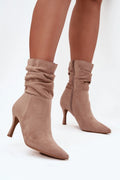 bottines femme cheville suédine taupe clair bout pointu talon fin kitten mihaut tige froncée fermeture éclair latérale maintien discret casualchic