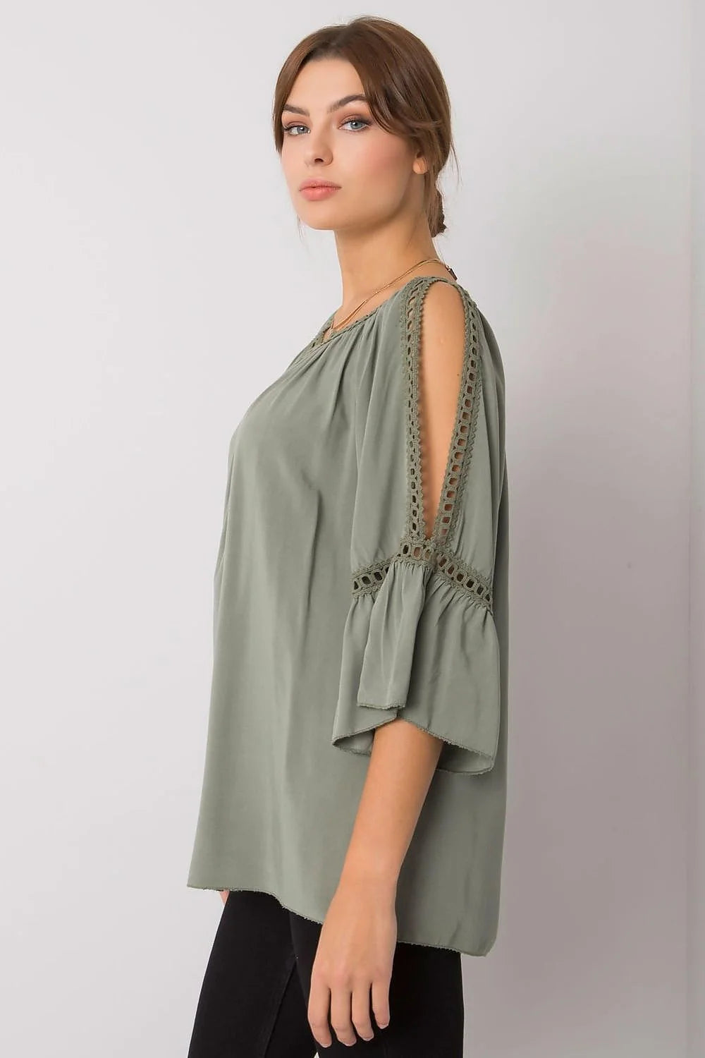 chemisier Och Bella orange vif viscose léger respirant ample fluide encolure arrondie fronces manches troisquarts coldshoulder évasées dentelle ajourée bohème