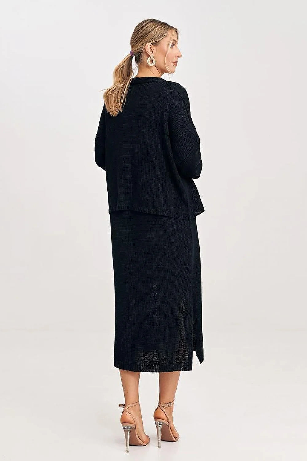 Ensemble Figl robe longue cardigan fleur manches longues maille fine noire femme occasion élégante
