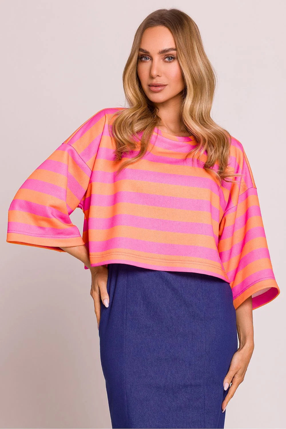 Haut femme crop top rayures horizontales rose orange maille douce coupe oversize manches larges 3/4