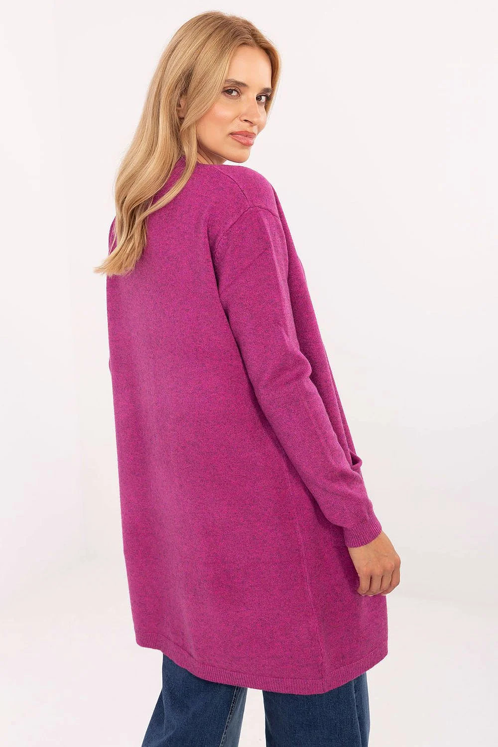 cardigan long femme ouvert maille fine fuchsia magenta coupe droite mi cuisses manches longues bords côtelés poches plaquées sans fermeture