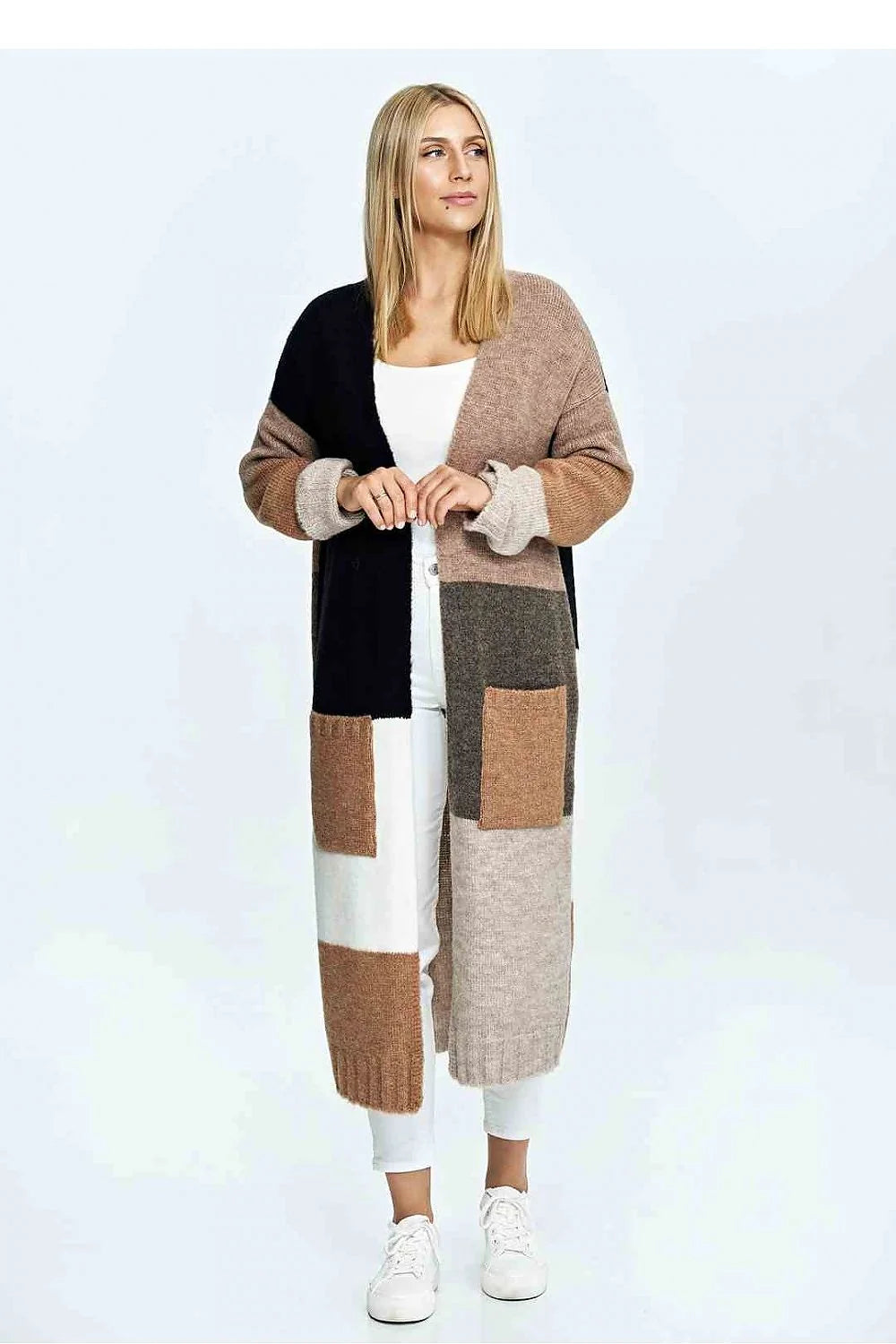 Cardigan long maille femme design contemporain style décontracté motif blocs couleurs beige crème jaune gris