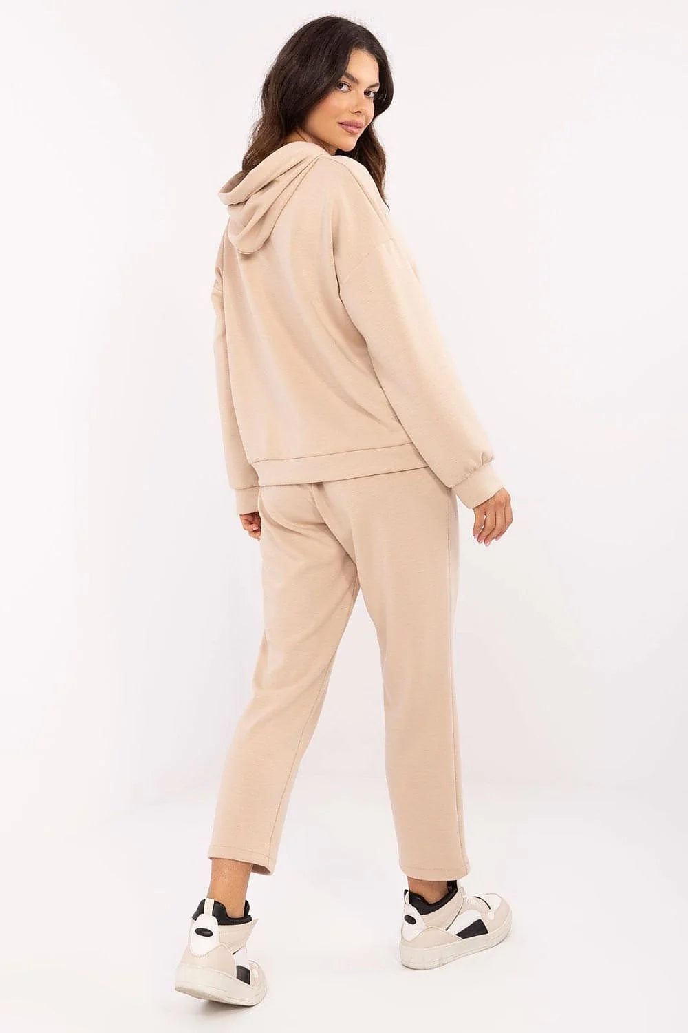 ensemble ItalyModa loungewear femme beige sable oversize sweat capuche jogger pantalon droit cheville molletonné doux confortable cordons tricolores