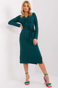 Robe de jour élégante longue manches longues décolleté en V ceinture intégrée tissu fluide vert profond femmes