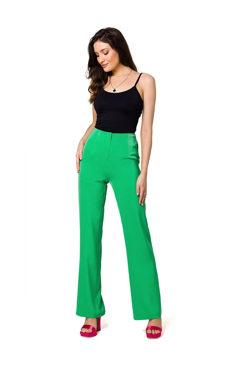 Pantalon femme Makover couleur vives vert vif coupe évasée taille haute matériau fluide polyester_look audacieux style moderne