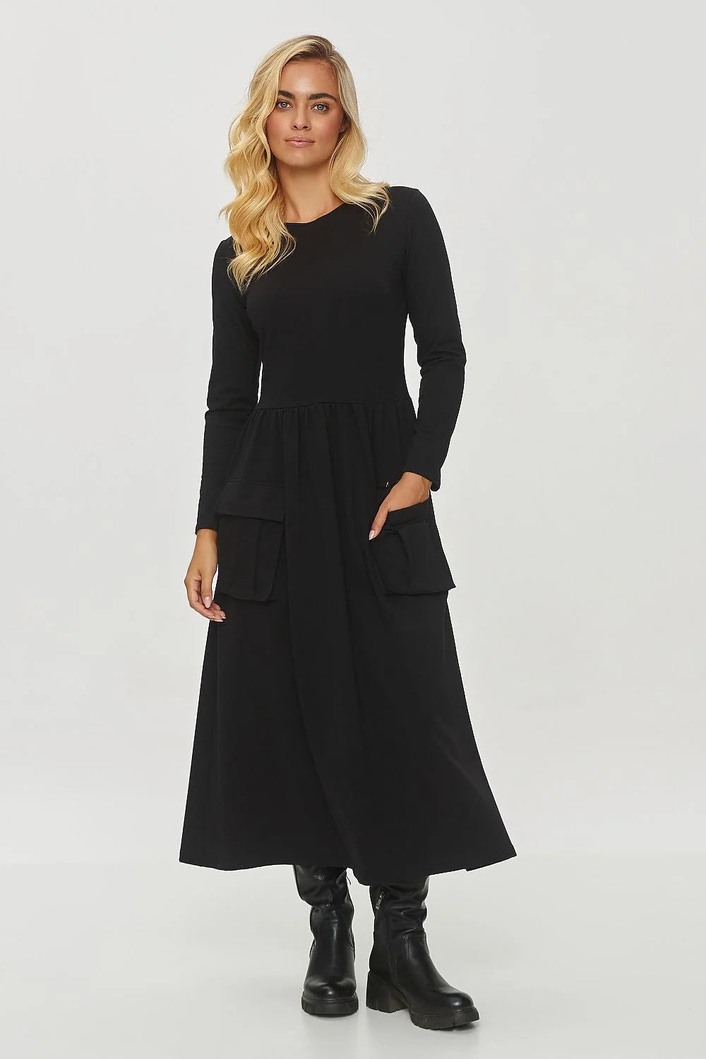 Robe longue noire Makadamia manches longues taille ajustée design épuré poches intégrées femmes occasionnels