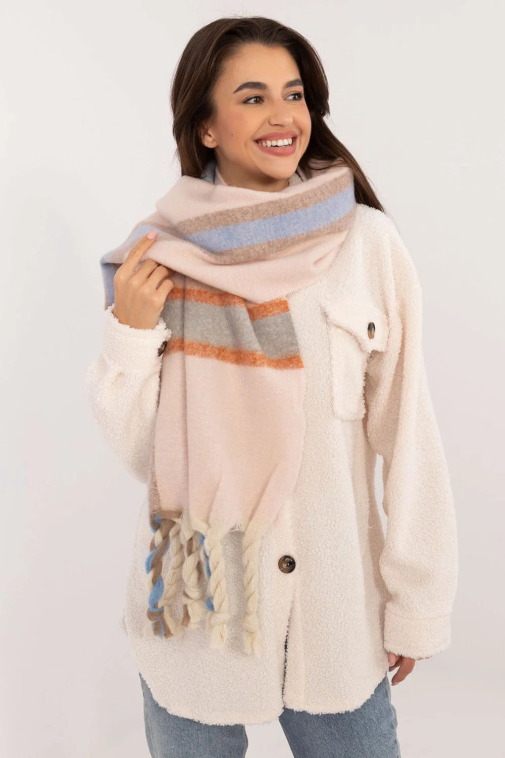 Châle écharpe rayures pastel doux tissu polyester 180cm franges torsadées style élégant décontracté hiver mi-saison femmes