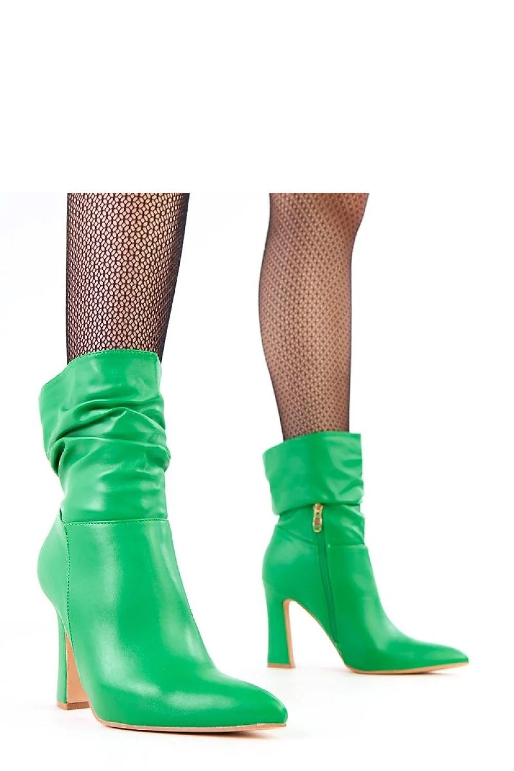 bottines talon haut sculpté bout pointu cheville tige froncée plissée vert émeraude cuir synthétique fermeture éclair dorée semelle beige confortable