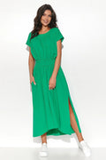Robe de jour élégante asymétrique en maille longue manches courtes encolure ronde taille élastique poches latérales femme