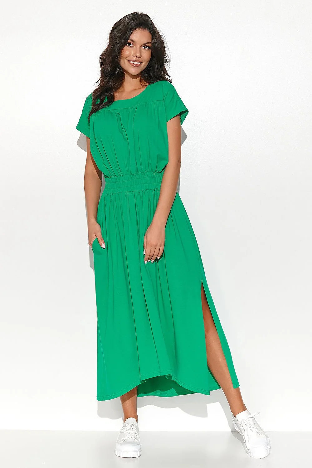 Robe de jour élégante asymétrique en maille longue manches courtes encolure ronde taille élastique poches latérales femme