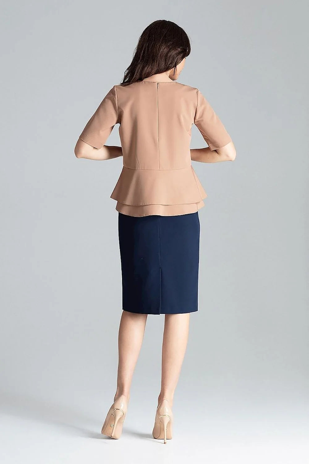 Chemisier à manches courtes vert émeraude double basque jupe beige sable taille ajustable polyester viscose femme
