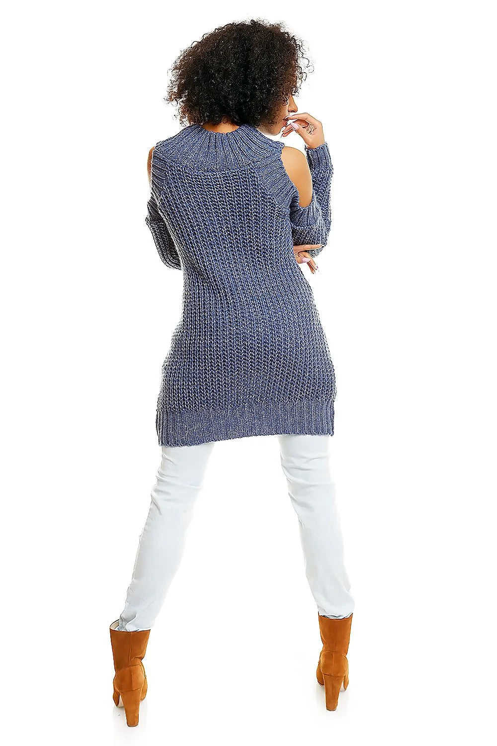 Pull Maille Bleu Clair Épaules Dénudées Chic Confortable Pour Femmes Tendance Hiver Mode Décontractée
