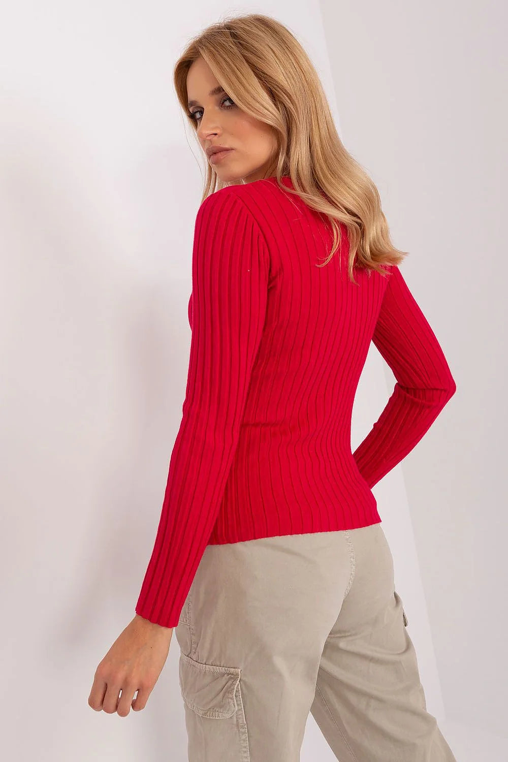 Chandail femme élégant manches longues en tricot mélange couleur rouge vif coupe ajustée encolure ronde