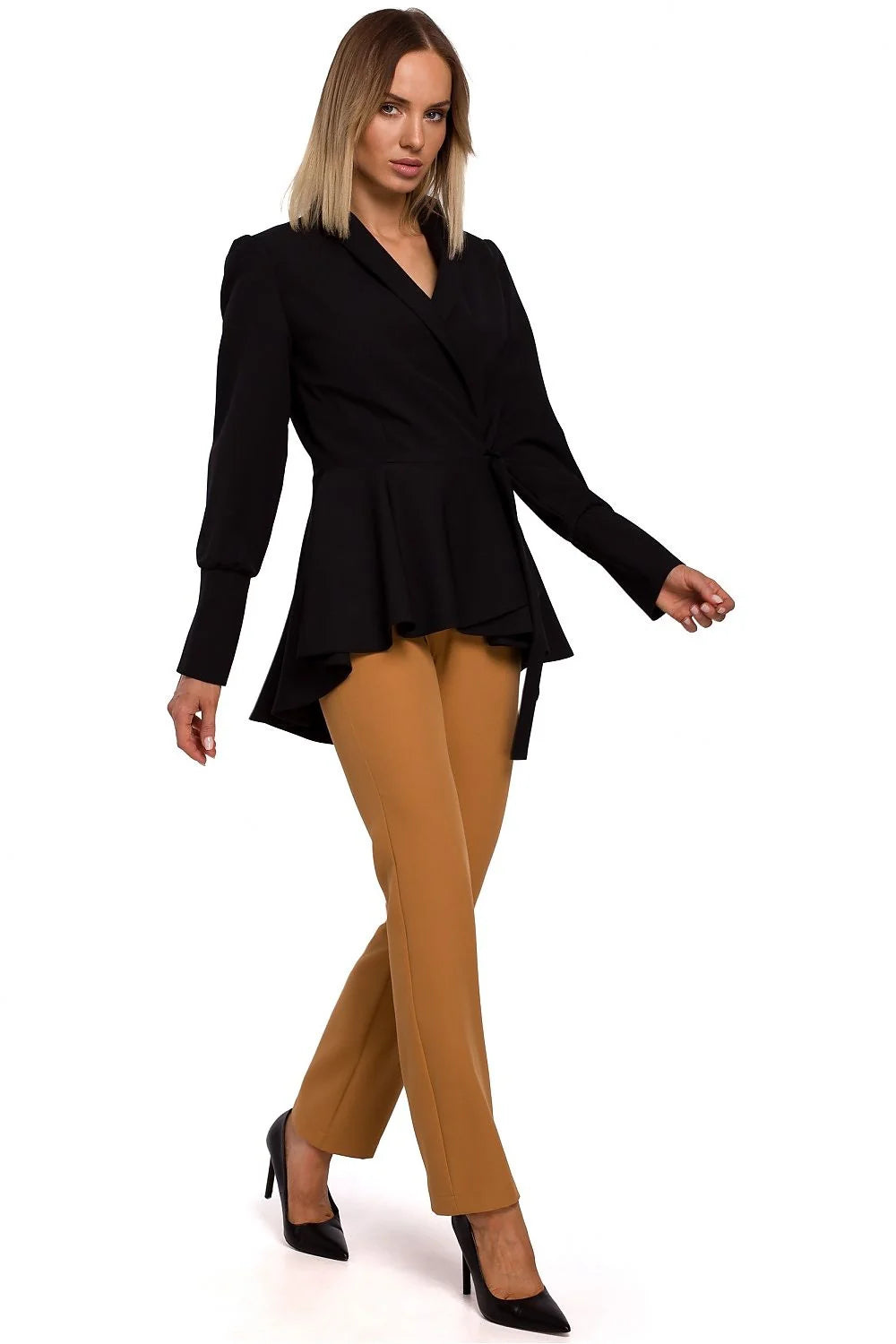 Blazer femme polyester élasthanne chic élégant noir peplum manches longues ajusté professionnel soirée