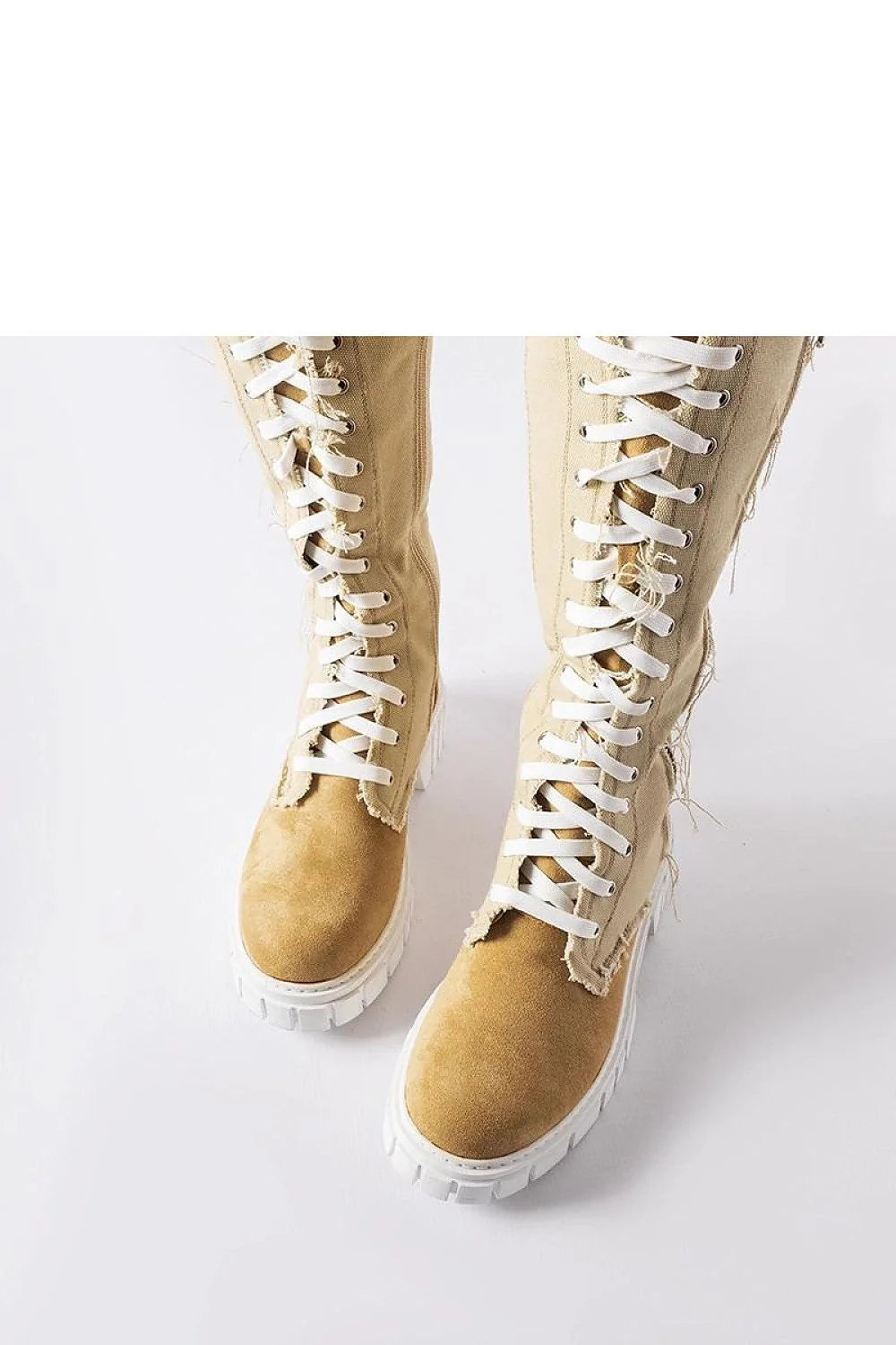 Bottes cuissardes modernes en tissu beige clair à lacets et fermeture éclair latérale, semelle épaisse blanche, style audacieux et polyvalent pour femmes