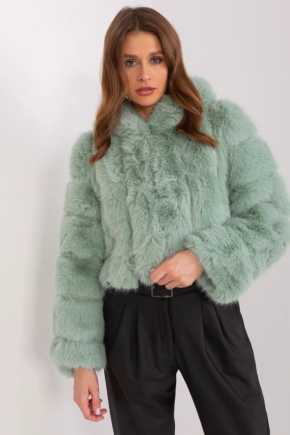 Veste élégante pour femme en fausse fourrure verte pâle coupe droite manches longues col montant polyester durable automne/hiver