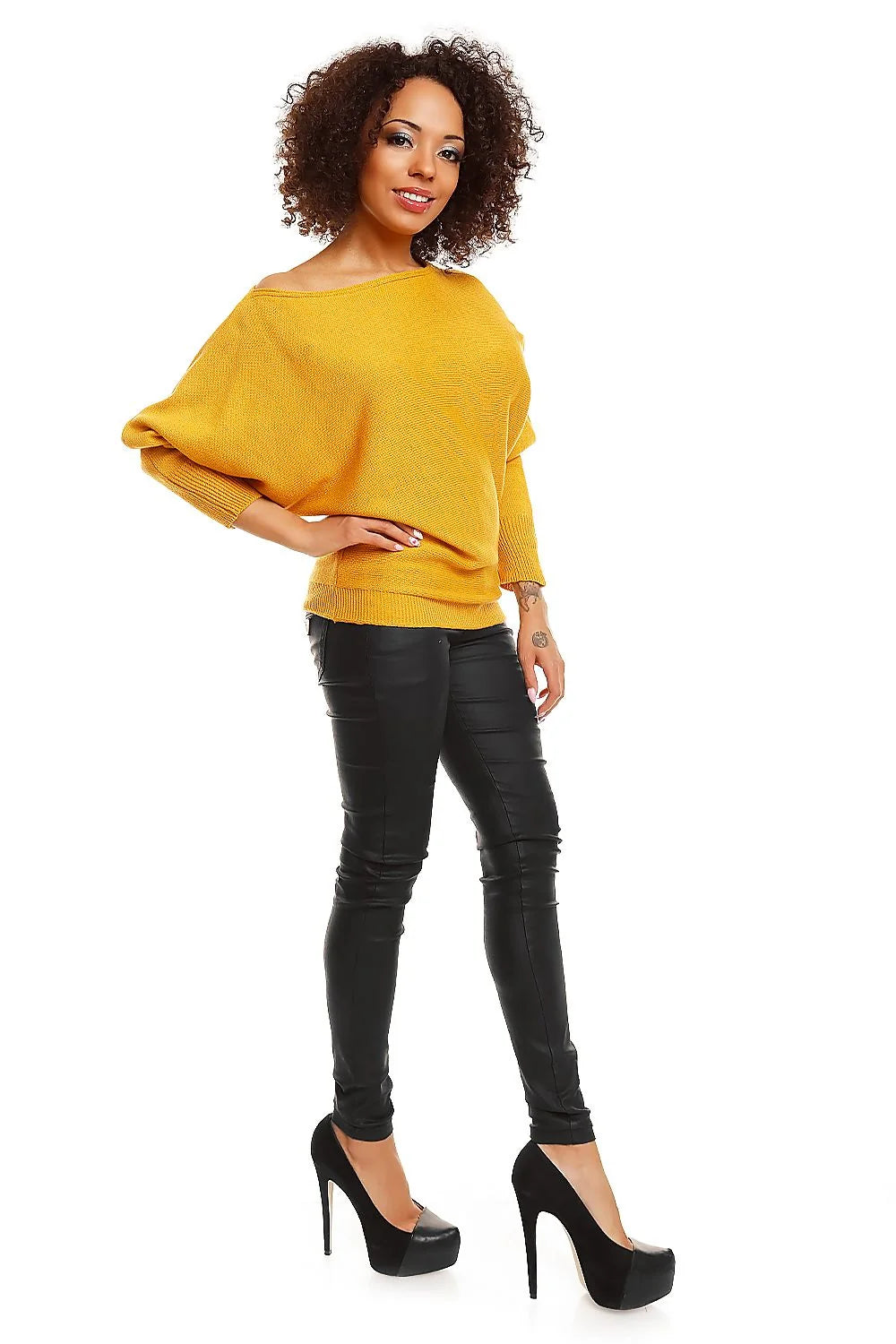 Blouse chauve-souris Pee Ka Boo en acrylique jaune moutarde, coupe ample, manches longues, encolure bateau, occasion casual chic pour femme