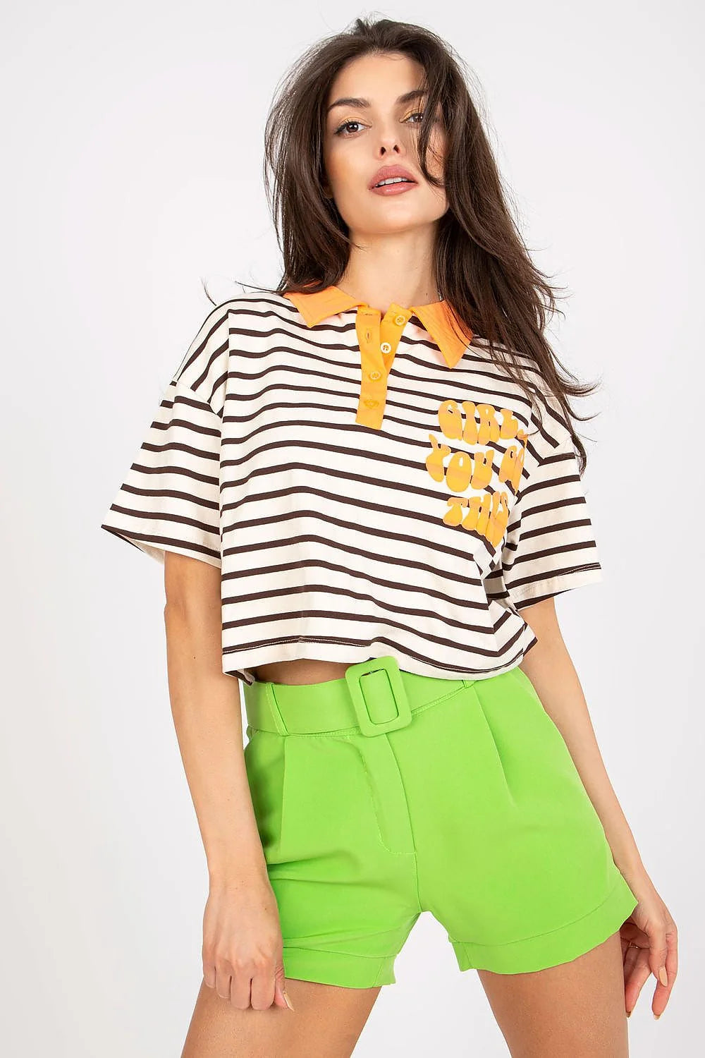 Haut et short en tissu rayé vert et blanc, coton élasthanne, style décontracté, crop top et taille haute, idéal pour été