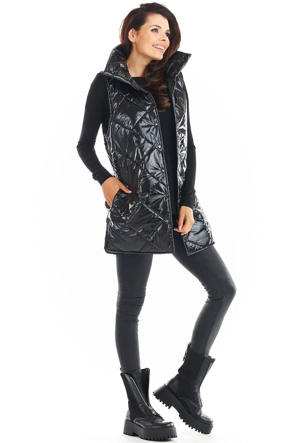 Veste sans manches noire matelassée brillante moderne femmes automne hiver confort mode tendance