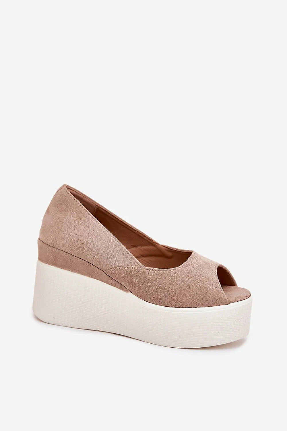 Sandales compensées pour femmes style moderne ouvert à l'avant cuir suédé beige taupe semelle blanche talon 9 cm été 2023