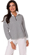 Sweatshirt Be Wear pour femmes, rayures horizontales, col montant, fermeture éclair, coton 90%, polyester 10%, coupe ample, manches longues, style classique, respirant, confortable, polyvalent, mode intemporelle, qualité supérieure