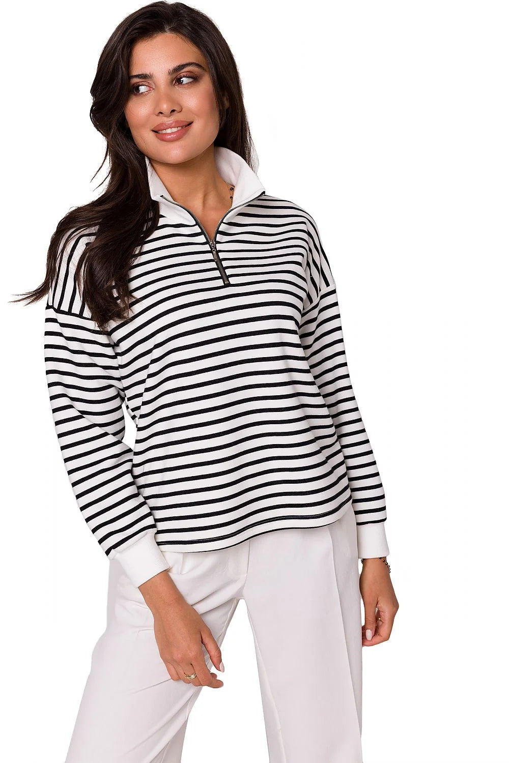 Sweatshirt Be Wear pour femmes, rayures horizontales, col montant, fermeture éclair, coton 90%, polyester 10%, coupe ample, manches longues, style classique, respirant, confortable, polyvalent, mode intemporelle, qualité supérieure