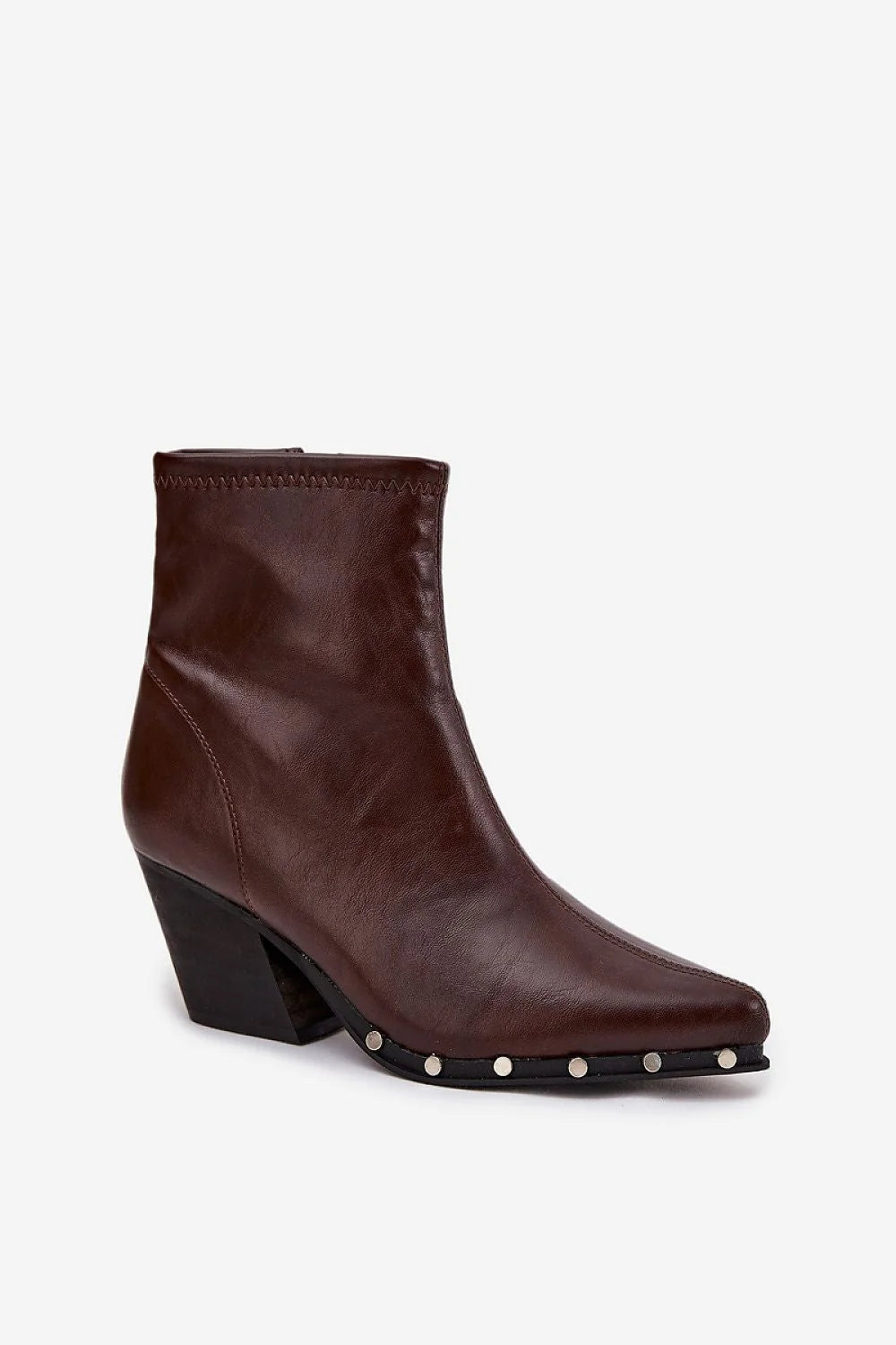bottines femme similicuir marron chocolat cheville bout pointu talon bloc incliné effet bois fermeture éclair latérale rivets décoratifs