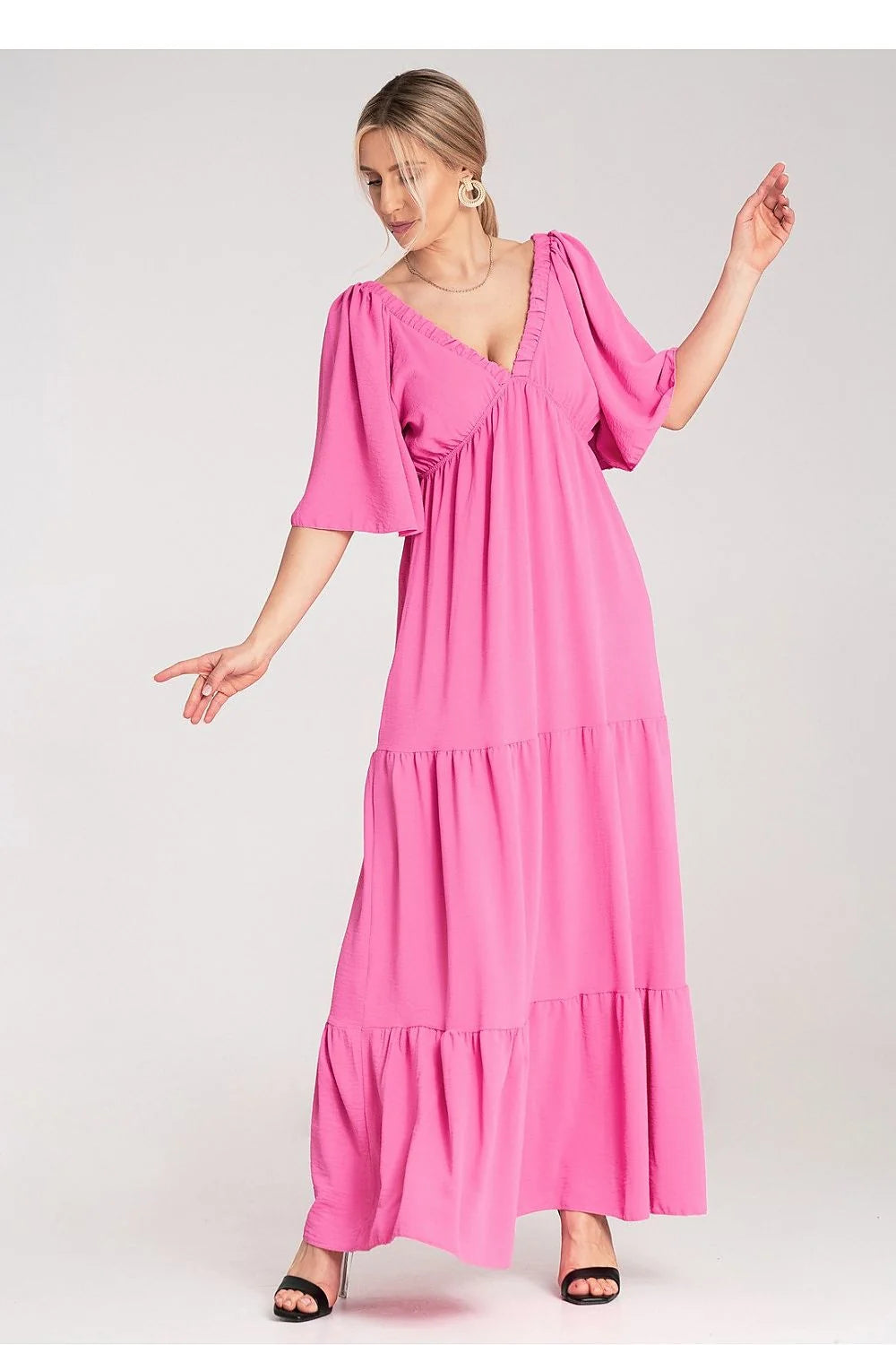 Robe de jour Figl rose vif manches courtes amples encolure en V dos élégant polyester 100% femme
