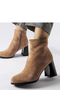 bottines femme cheville ajustée suédine camel talon moyen épais stable verni noir bout pointu fermeture éclair latérale discrète