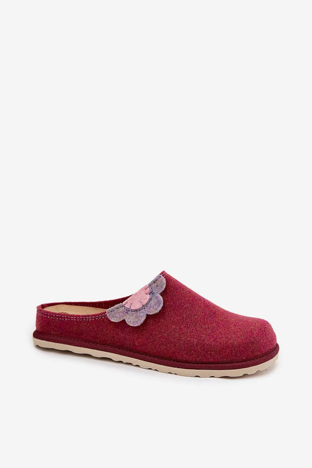 mules femme feutrine bordeaux appliqué pétale multicolore rose lilas bout rond semelle crantée beige caoutchouc cuir suédé confort