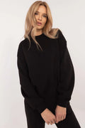 Sweatshirt Femme Style Décontracté Manches Longues Tissu Mixte Coton Polyester Coupe Amples Épaules Tombantes Ourlet Bord-Côte Noire Polyvalente Confort