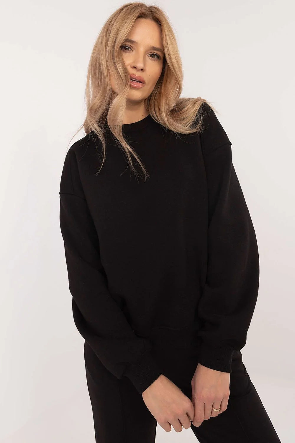 Sweatshirt Femme Style Décontracté Manches Longues Tissu Mixte Coton Polyester Coupe Amples Épaules Tombantes Ourlet Bord-Côte Noire Polyvalente Confort