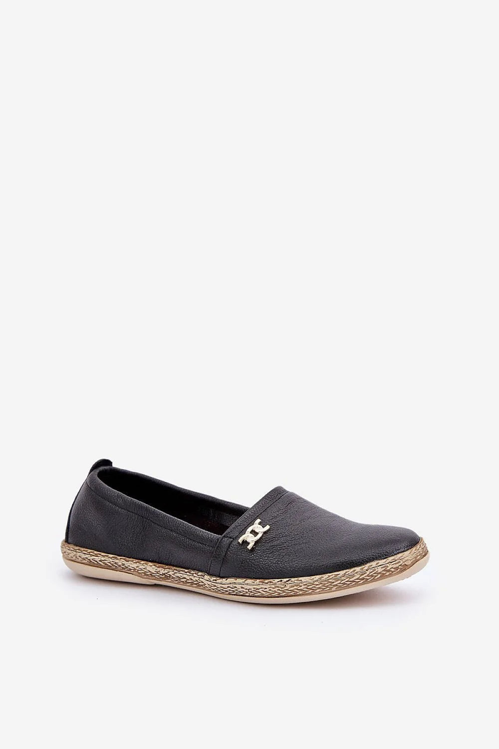 espadrille cuir noir femme élégante confortable plateau corde tressée plateforme semelle naturelle détail doré minimaliste sophistiquée ajustée